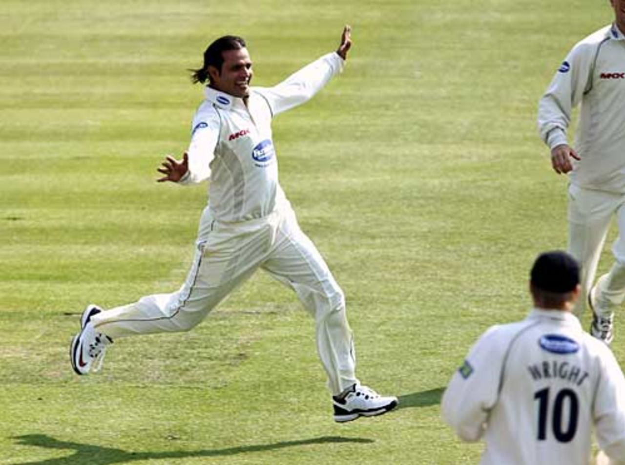 Rana Naved-ul-Hasan sets off in celebration, Sussex v Surrey, County Championship, Division Two, Hove, April 15, 2010