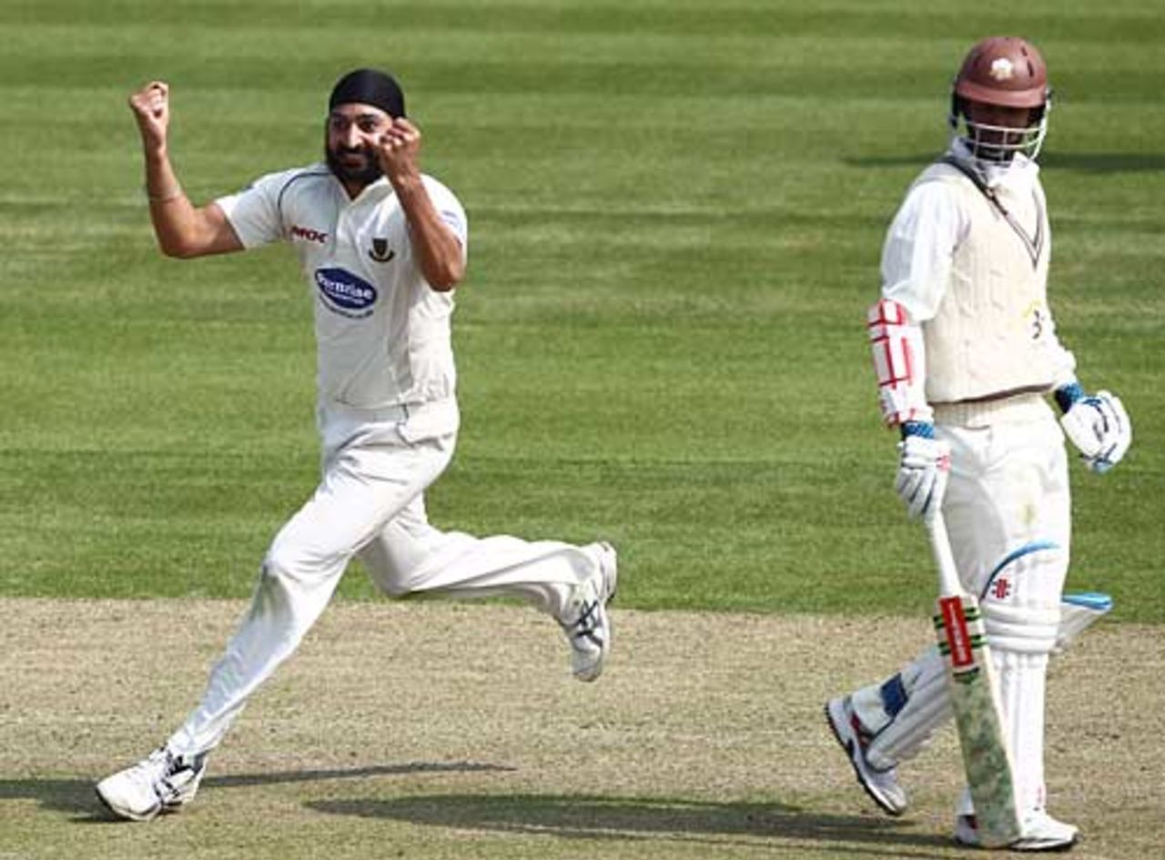 Monty Panesar is thrilled after removing Steven Davies, Sussex v Surrey, County Championship, Division Two, Hove, April 15, 2010