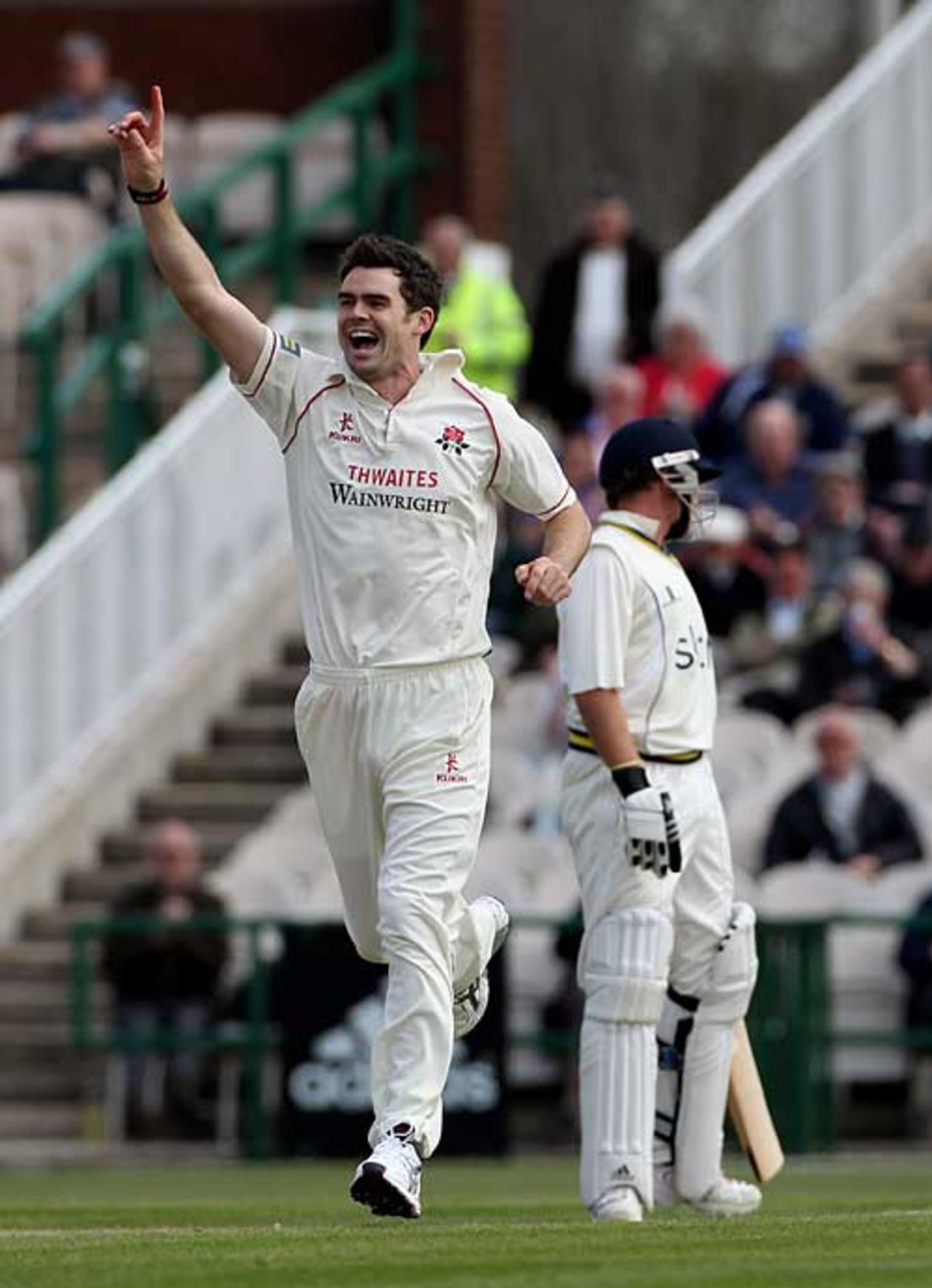 James Anderson removed Jonathan Trott for a first-ball duck, Lancashire v Warwickshire, County Championship, Division One, Old Trafford, April 16, 2010