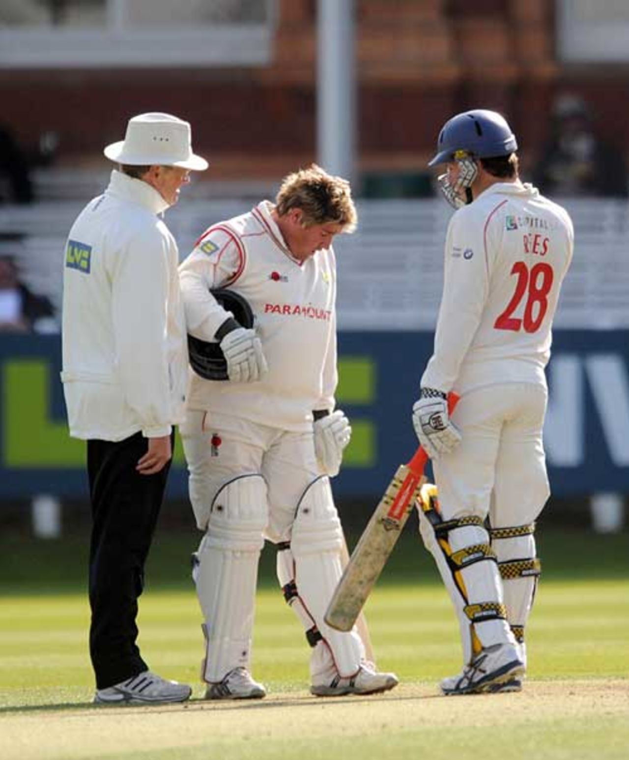 Mark Cosgrove retired hurt after a blow on the head, Middlesex v Glamorgan, County Championship, Division Two, Lord's, April 16, 2010