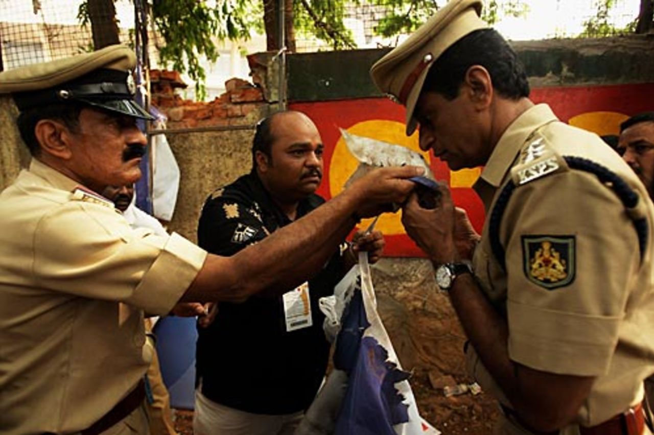 Policemen at the Chinnaswamy Stadium after the blasts, Royal Challengers Bangalore V Mumbai Indians, IPL, Bangalore, April 17, 2010