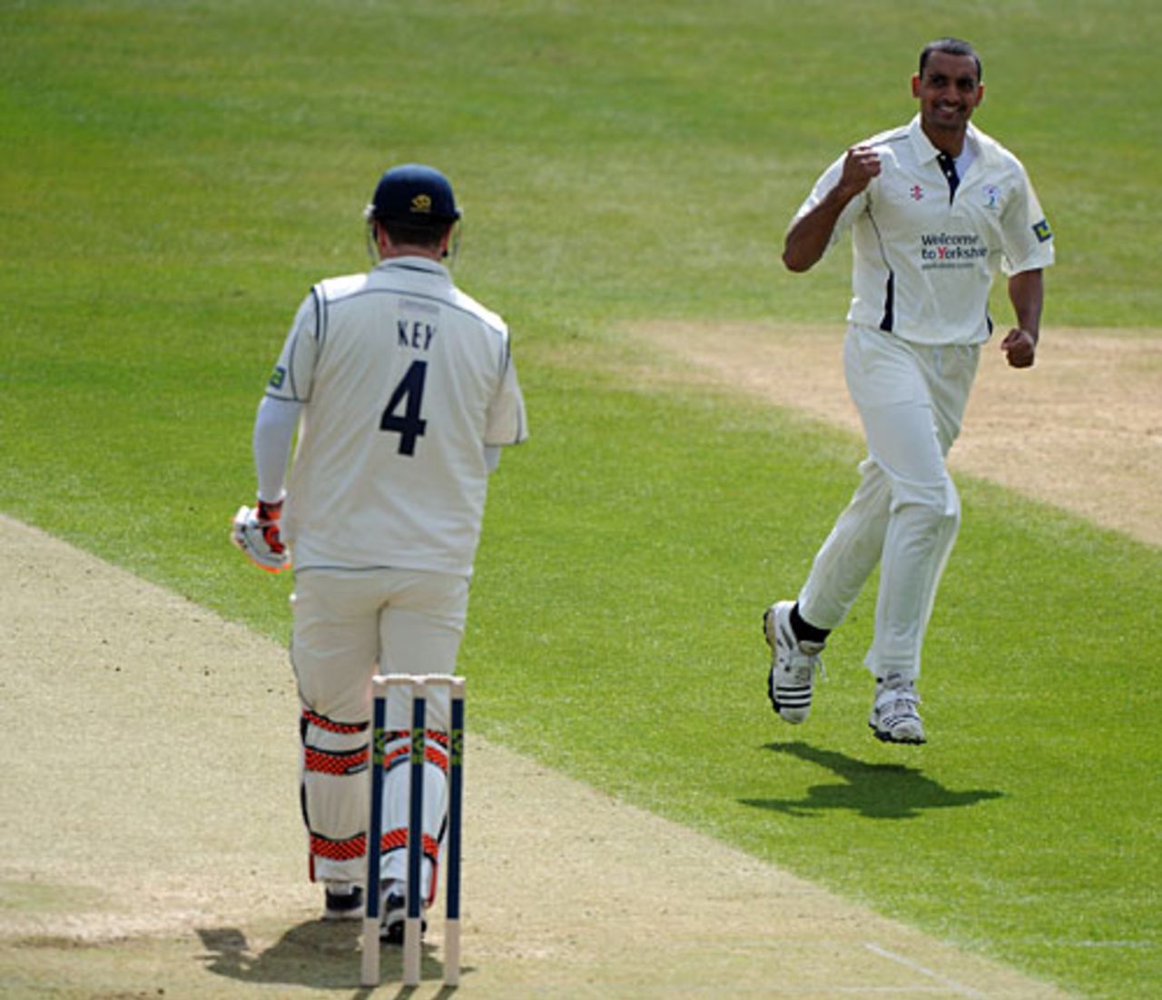 Ajmal Shahzad celebrates the wicket of Kent captain Robert Key, Kent v Yorkshire, County Championship, Division One, Canterbury, April 21, 2010