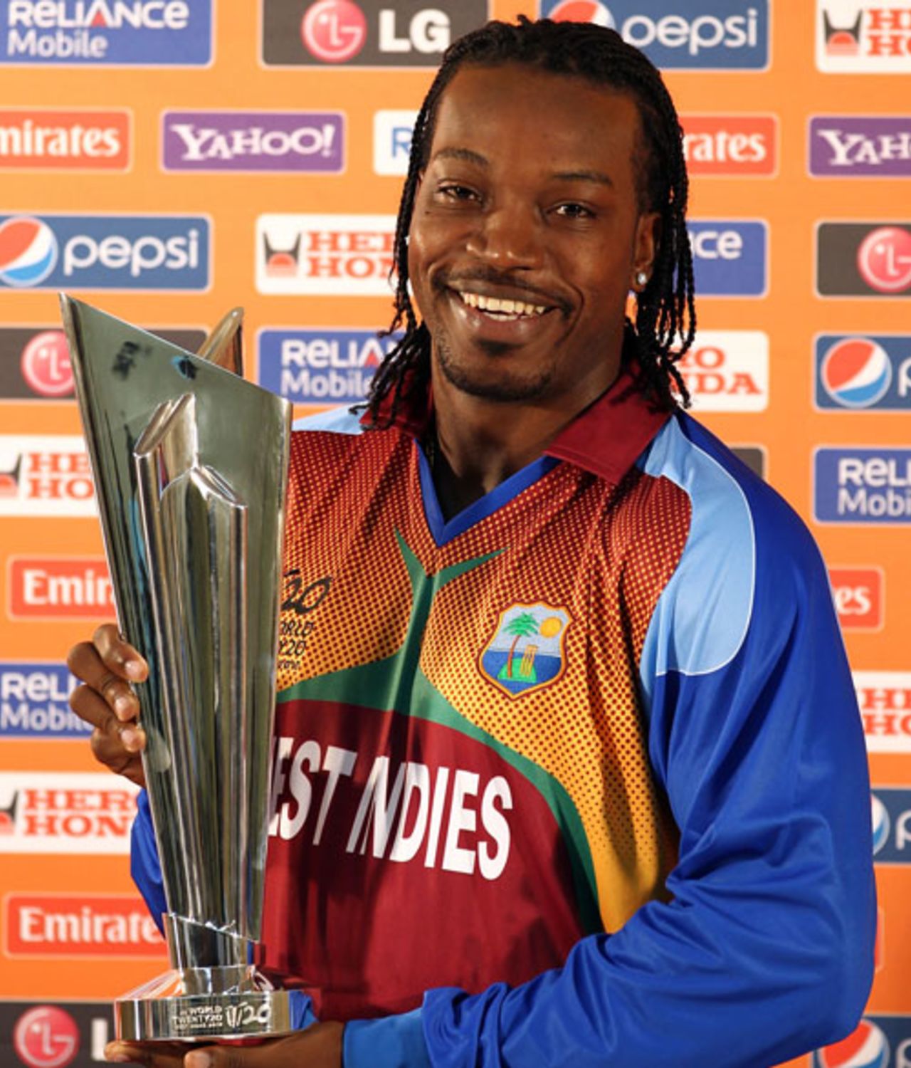 Chris Gayle, the host captain, poses with the World Twenty20 trophy, Guyana, April 26, 2010