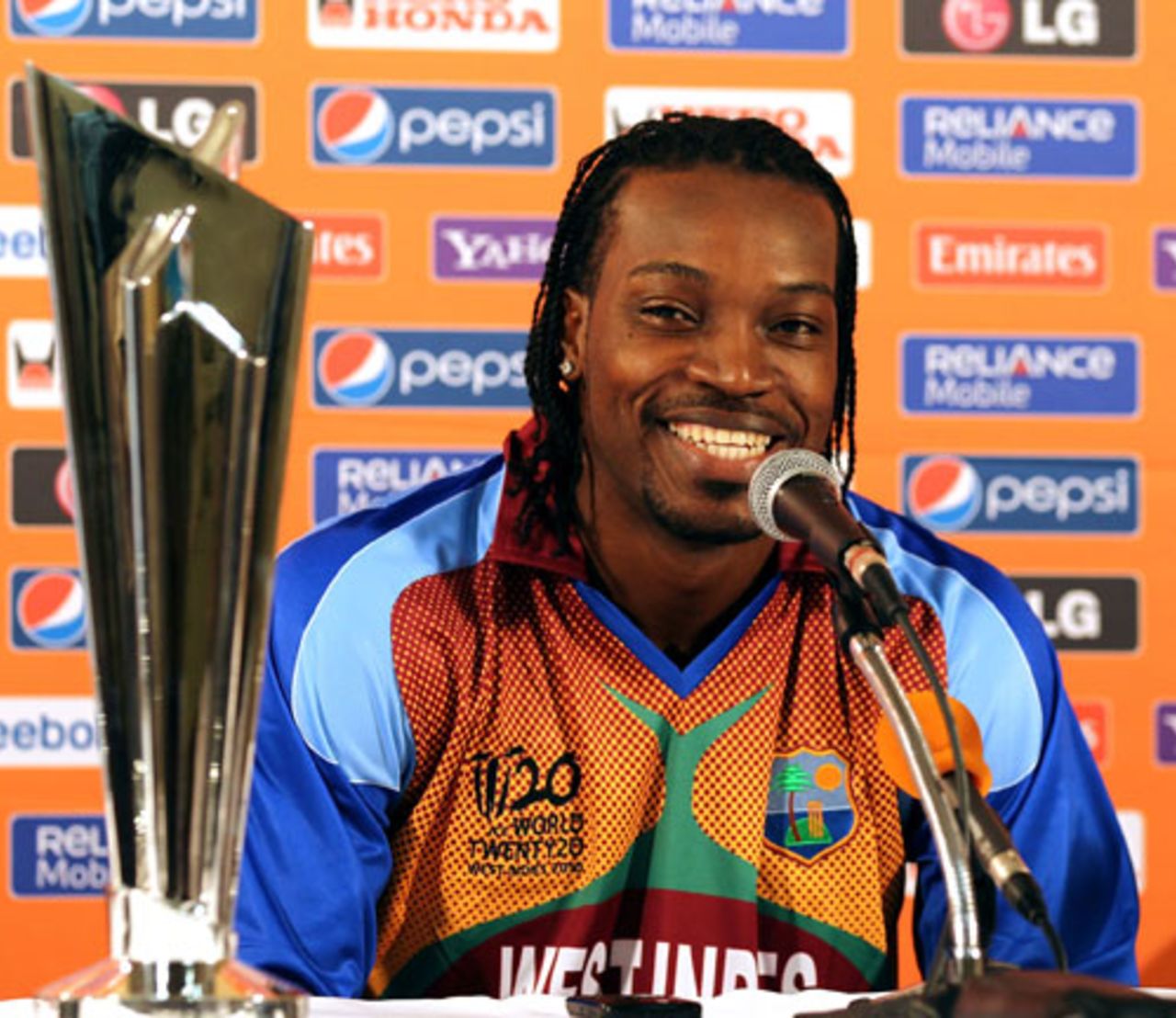 Chris Gayle, the host captain, addresses members of the media ahead of the ICC World Twenty20 tournament in the West Indies, Guyana, April 26, 2010