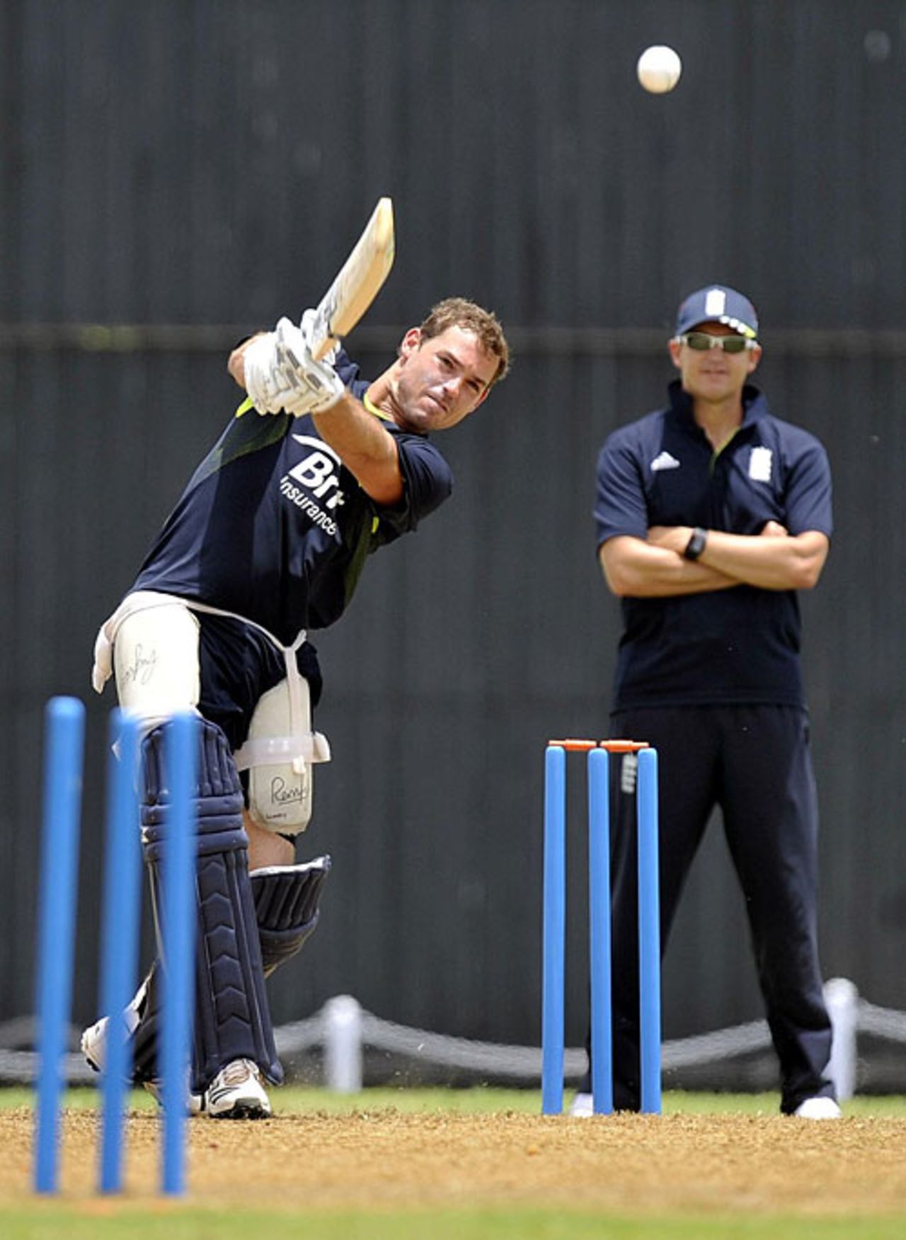 Michael Lumb launches one during a six-hitting competition in England's practice session, Barbados, April 27, 2010
