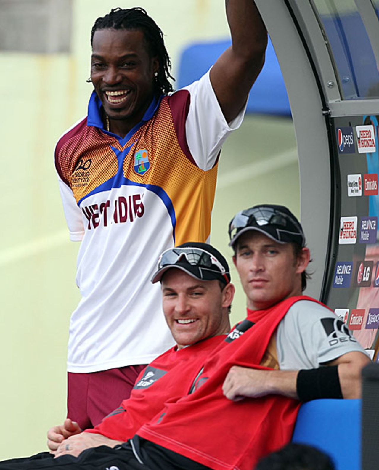 Chris Gayle catches up with Brendon McCullum and Shane Bond, Providence, April 27, 2010