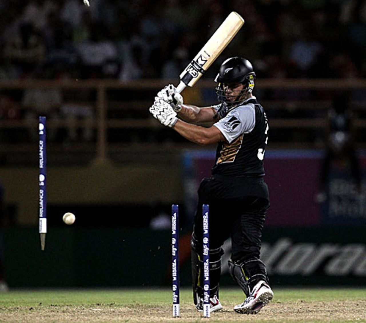 Ross Taylor loses his middle stump in spectacular manner to Ravi Rampaul, West Indies v New Zealand, ICC World Twenty20 warm-up, Guyana, April 28, 2010