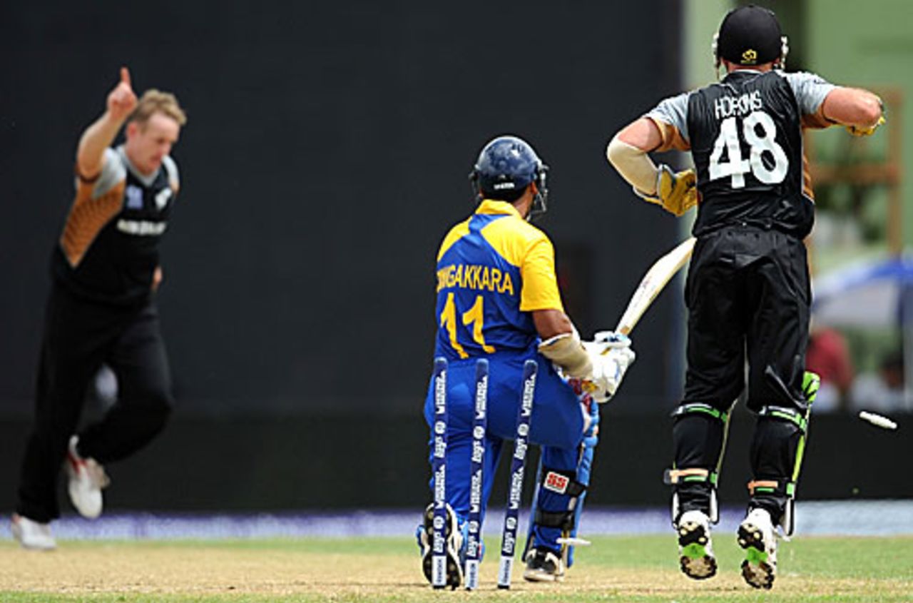 Kumar Sangakkara is cleaned up by Scott Styris, New Zealand v Sri Lanka, ICC World Twenty20, Group B, Providence, April 30, 2010 
