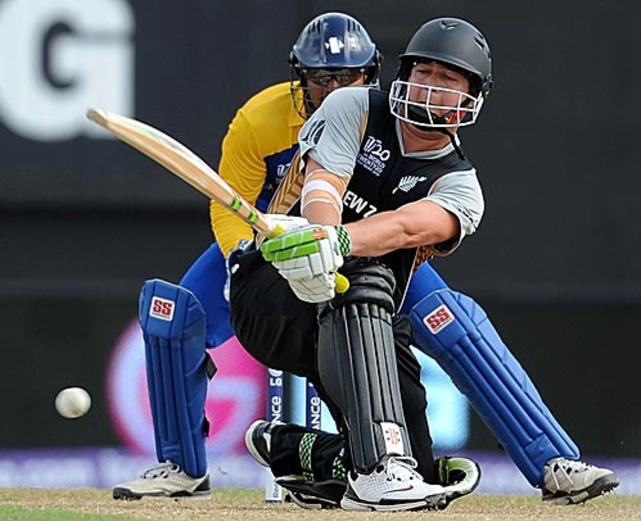 Jesse Ryder plays the sweep during his 42, New Zealand v Sri Lanka, ICC World Twenty20,Group B, Providence, April 30, 2010