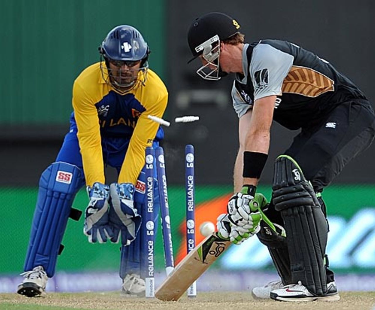 Martin Guptill is bowled by Sanath Jayasuriya, New Zealand v Sri Lanka, ICC World Twenty20,Group B, Providence, April 30, 2010 