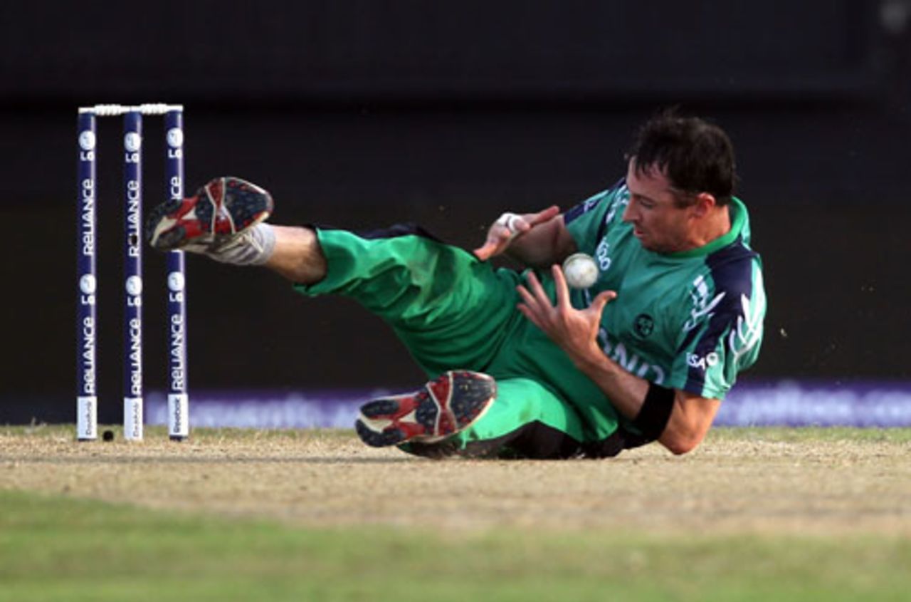Alex Cusack juggles a drive from Dwayne Bravo before capturing the catch, West Indies v Ireland, World Twenty20,Group D, Providence, April 30, 2010 