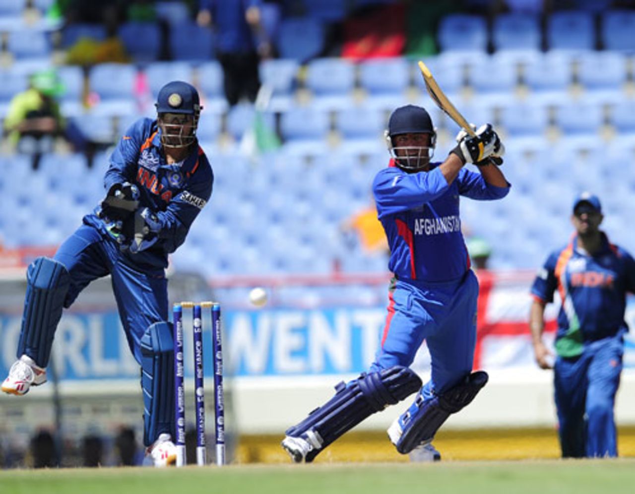 Noor Ali forces one off the back foot, Afghanistan v India, World Twenty20, Gros Islet, May 1, 2010