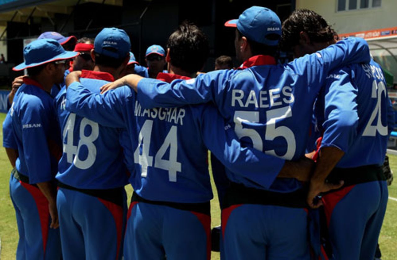 The Afghanistan team huddles together before taking the field, Afghanistan v India, World Twenty20, Gros Islet, May 1, 2010