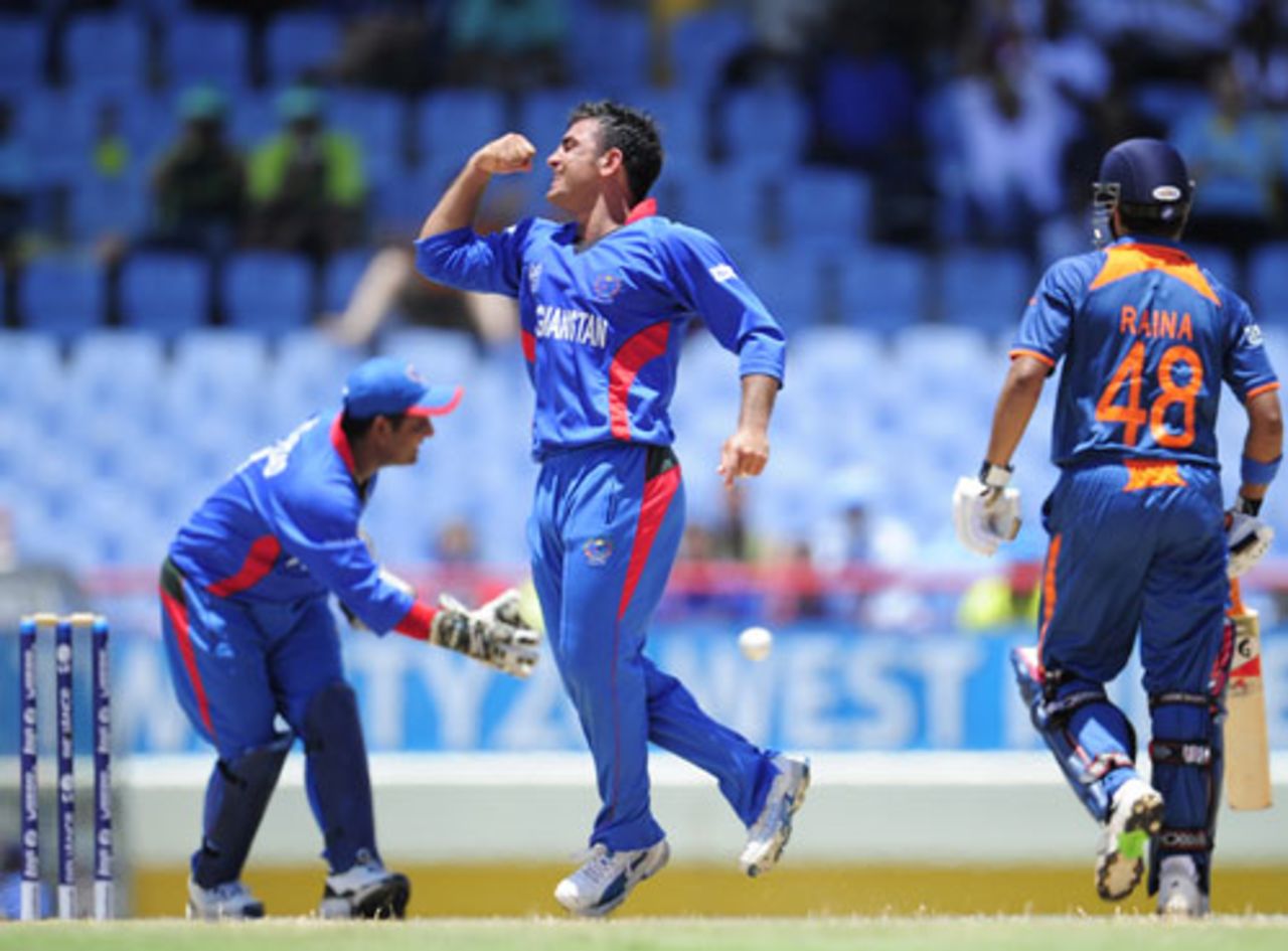 Samiullah Shenwari is delighted after sending back Suresh Raina, Afghanistan v India, World Twenty20, Gros Islet, May 1, 2010