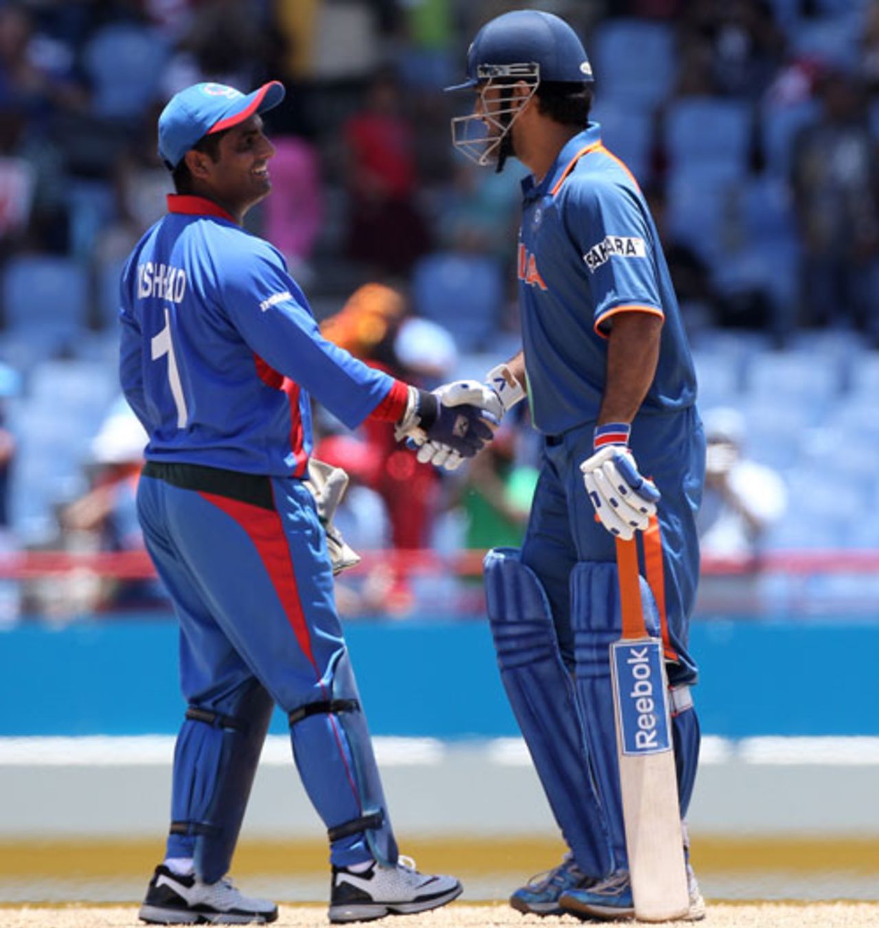 MS Dhoni and Mohammad Shahzad shake hands at the end of the game, Afghanistan v India, World Twenty20, Gros Islet, May 1, 2010