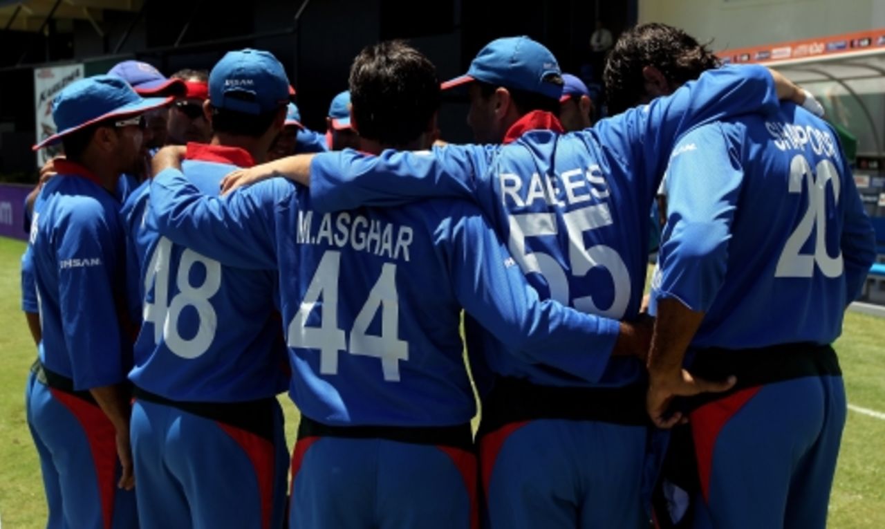 The Afghanistan team huddle before taking the field against India, Afghanistan v India, World Twenty20, Gros Islet, May 1, 2010 