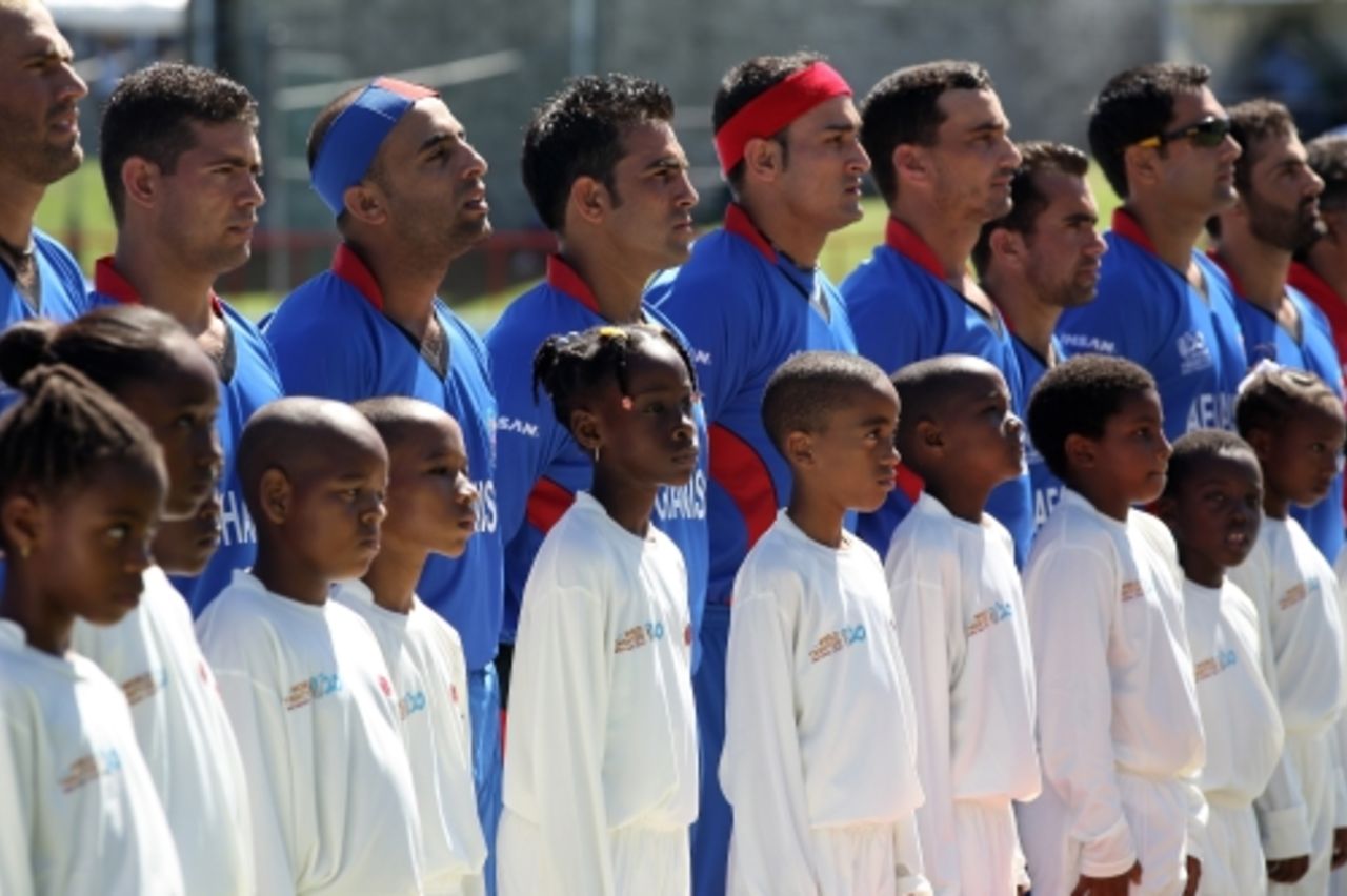Afghanistan line up for the playing of their national anthem ahead of their fixture against India, Afghanistan v India, World Twenty20, Gros Islet, May 1, 2010 
