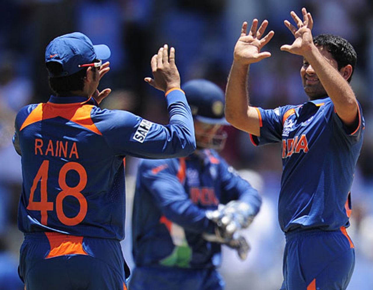 Suresh Raina congratulates Piyush Chawla after he removed Jacques Kallis, India v South Africa, World Twenty20, Gros Islet, May 2, 2010