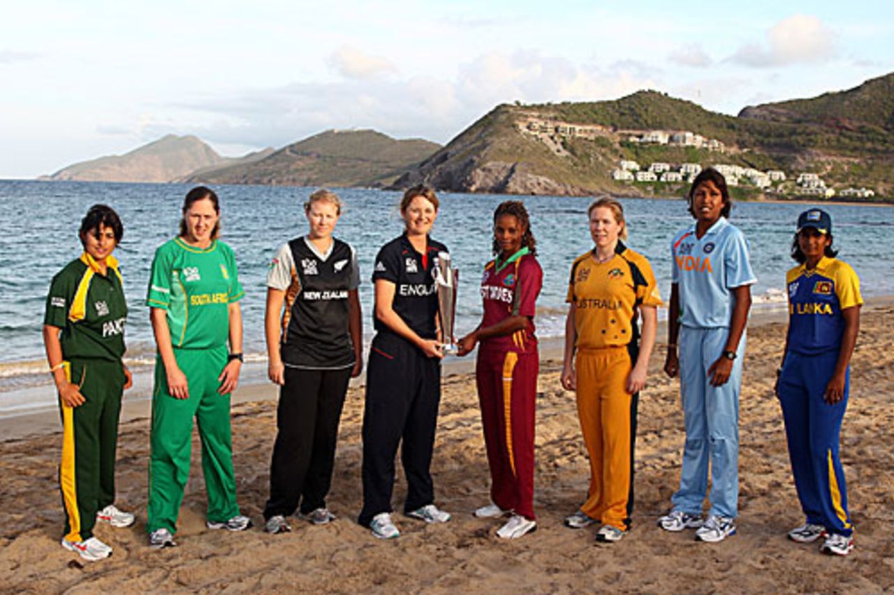 The eight women captains pose with the World Twenty20 trophy, St Kitts, May 1, 2010