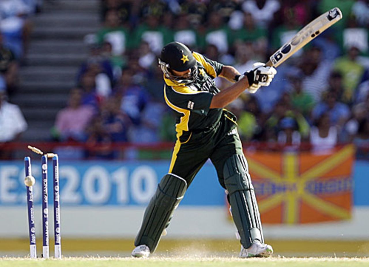 Shahid Afridi has his off stump clipped by Shaun Tait, Australia v Pakistan, Group A, ICC World Twenty20, St Lucia, May 2, 2010