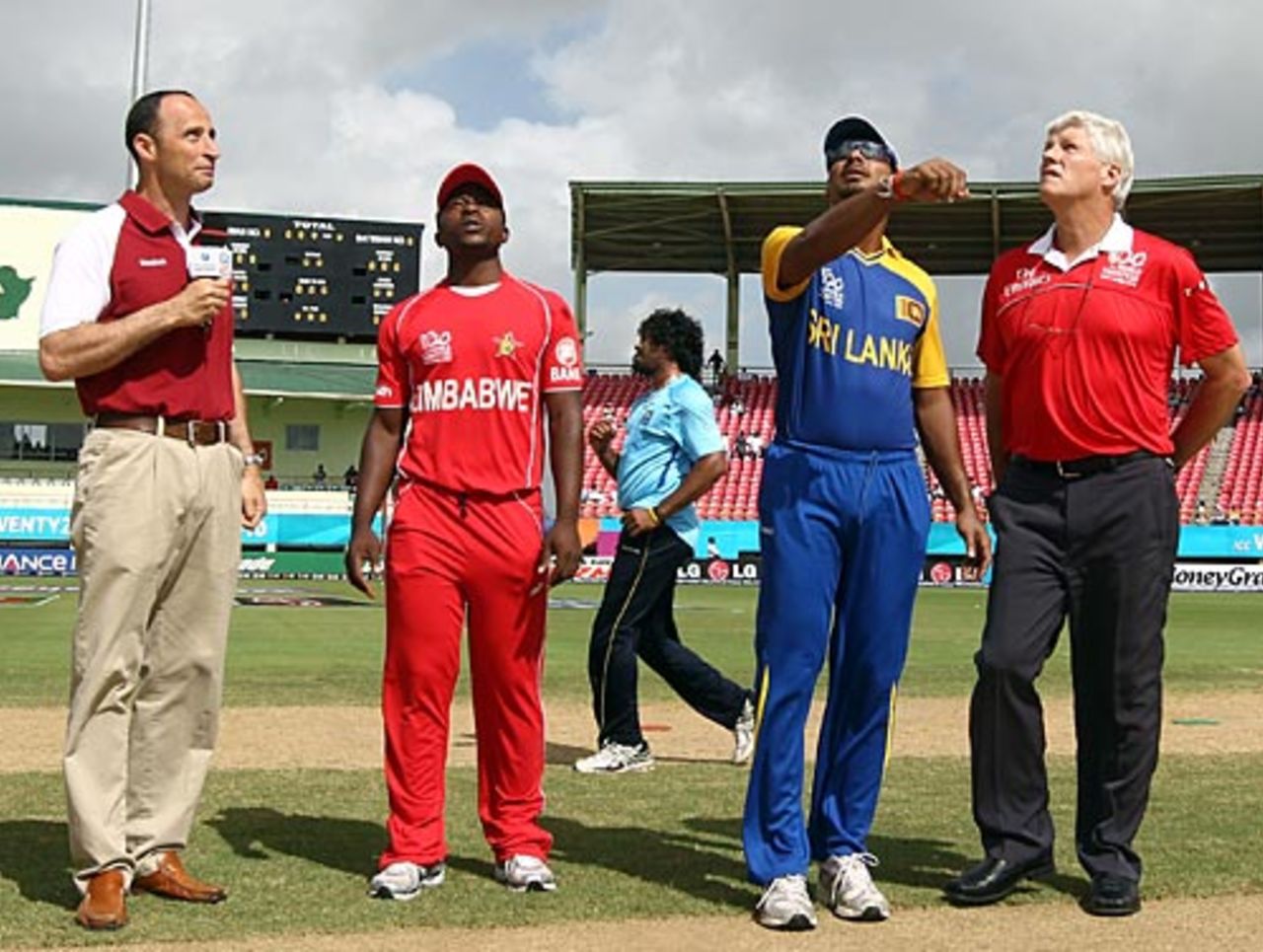 Prosper Utseya and Kumar Sangakkara at the toss, Sri Lanka v Zimbabwe, ICC World Twenty20, Guyana, May 3, 2010