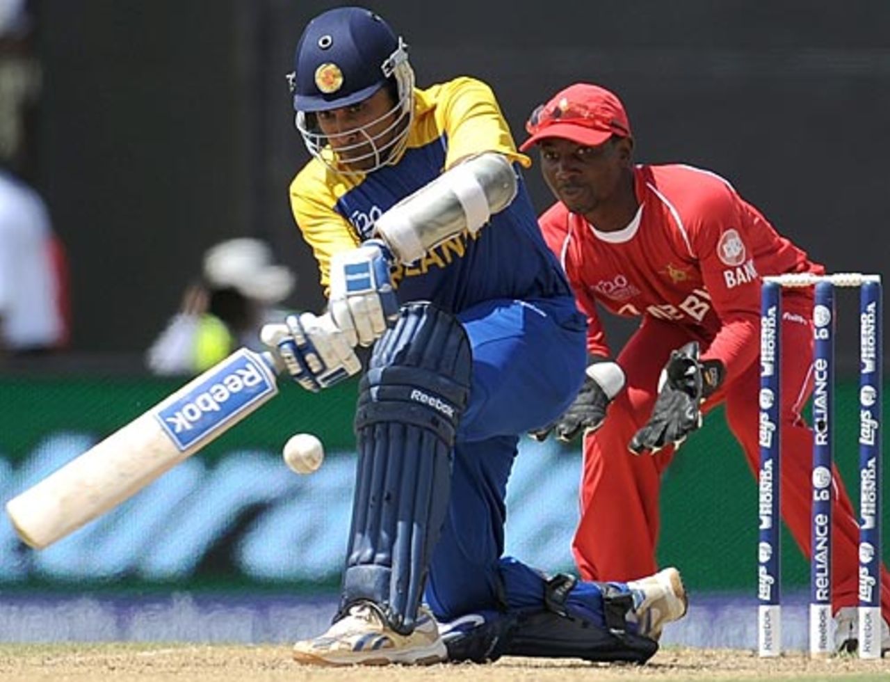 Mahela Jayawardene prepares to sweep deftly, Sri Lanka v Zimbabwe, ICC World Twenty20, Guyana, May 3, 2010