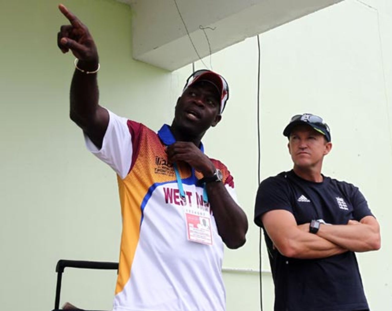 Ottis Gibson has a chat with Andy Flower, West Indies v England, ICC World Twenty20, Guyana, May 3, 2010