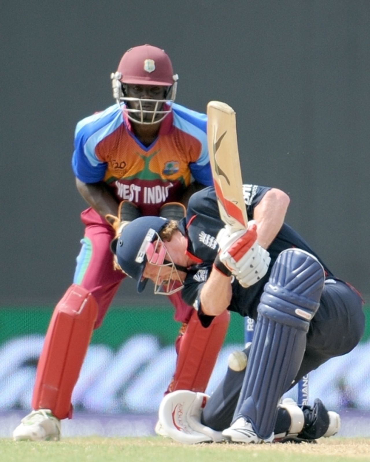 Paul Collingwood attempts a scoop shot but is struck a painful blow on the knee, West Indies v England, World Twenty20, Guyana, May 3, 2010