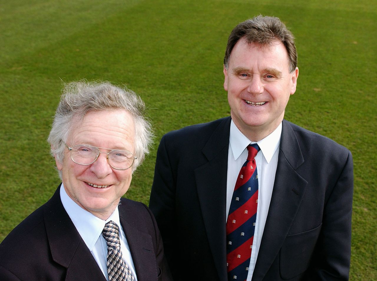 Frank Duckworth (left) and Tony Lewis, the inventors of the Duckworth-Lewis method, County Ground in Northampton,  March 25, 2003 