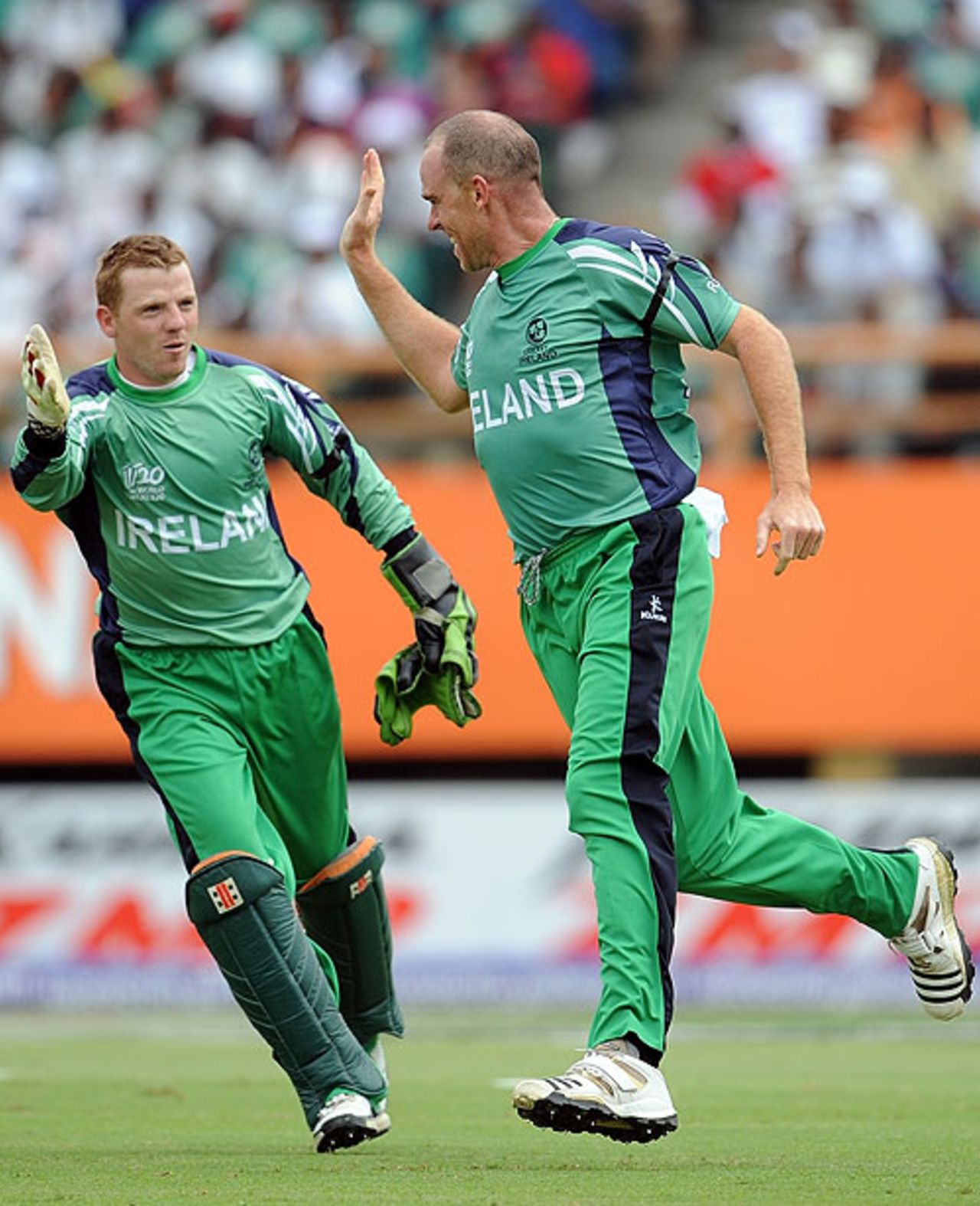 Trent Johnston celebrates with Niall O'Brien as England were made to struggle, England v Ireland, World Twenty20, Guyana, May 4, 2010