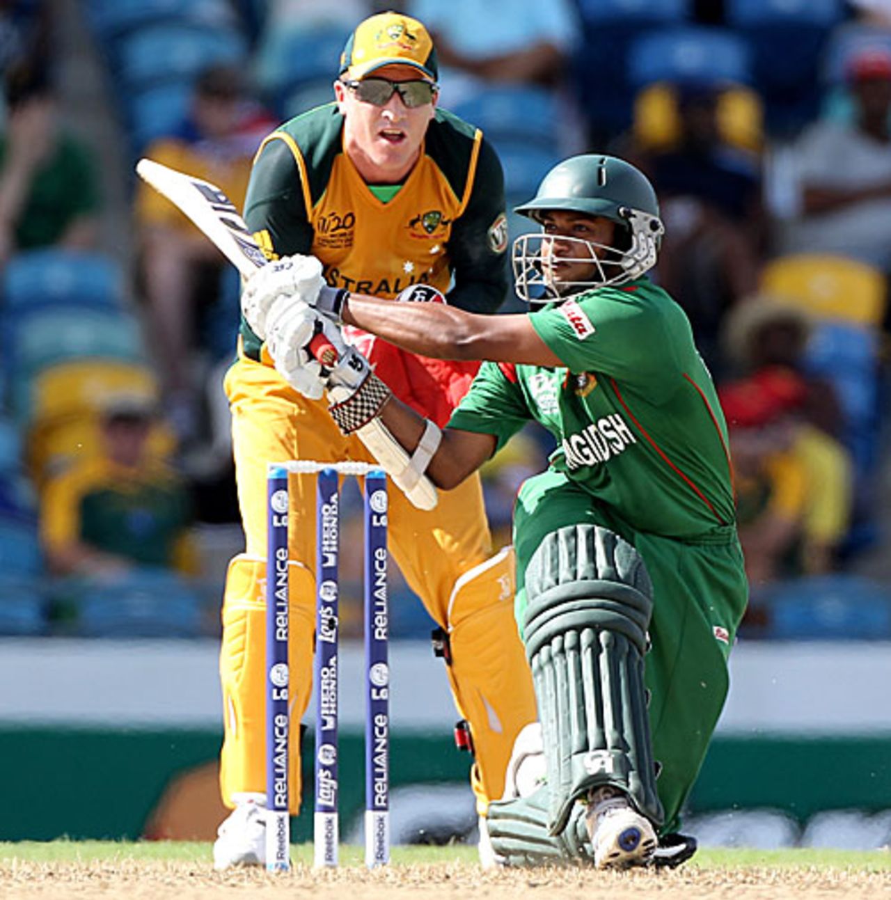 Shakib Al Hasan slogs one over midwicket, Australia v Bangladesh, Group A, ICC World Twenty20, Barbados, May 5, 2010