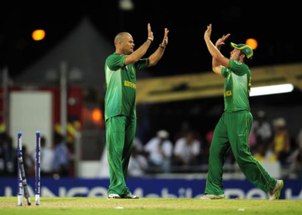 Charl Langeveldt celebrates having bowled Mirwais Ashraf, Afghanistan v South Africa, ICC World Twenty20, Bridgetown, May 5, 2010