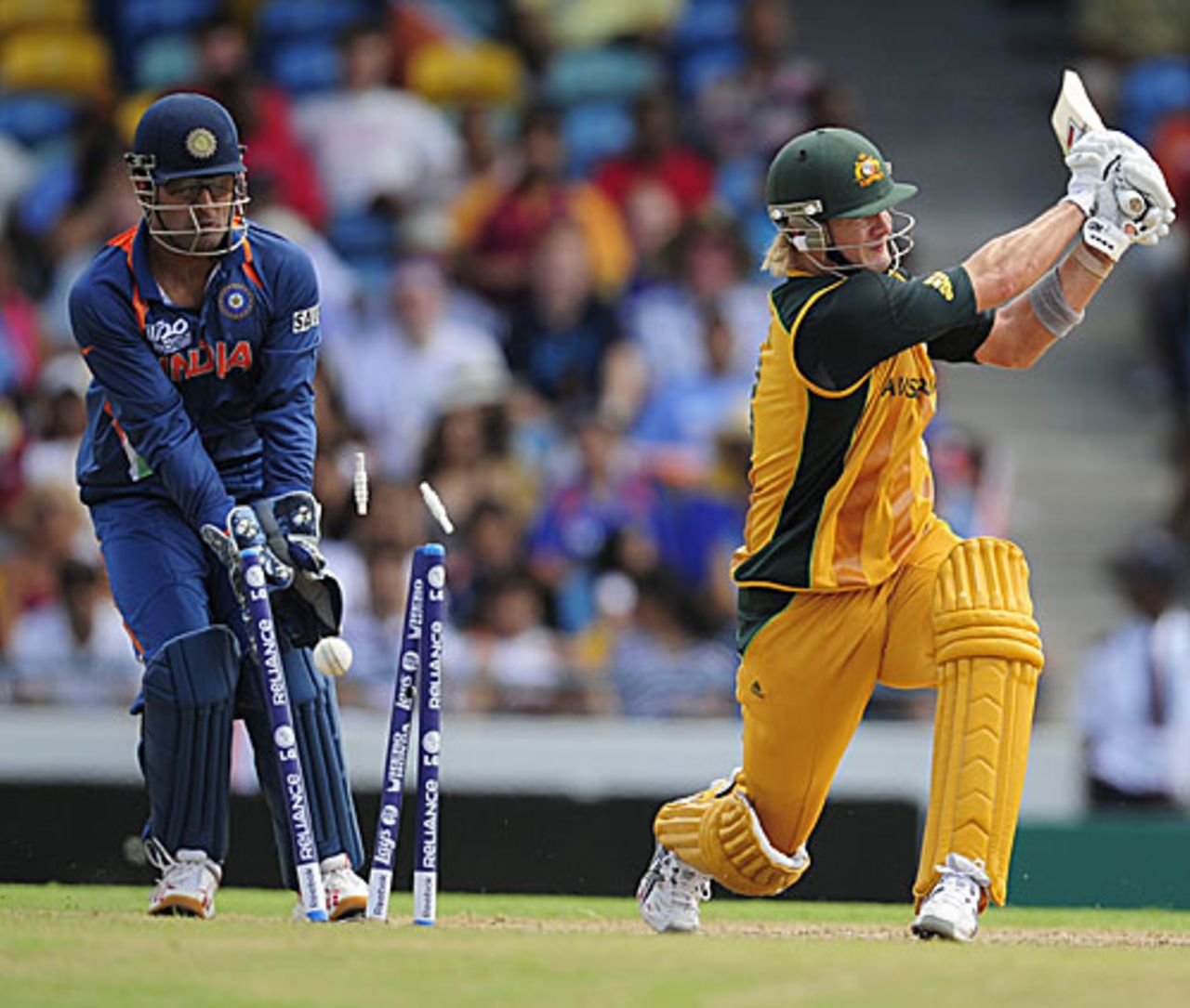 Shane Watson is bowled by Yusuf Pathan, Australia v India, Super Eights, ICC World Twenty20, Bridgetown, May 7, 2010