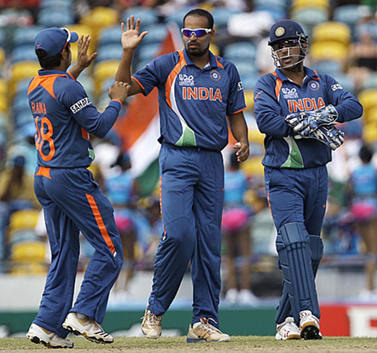 Yusuf Pathan celebrates India's first breakthrough, Australia v India, Super Eights, ICC World Twenty20, Bridgetown, May 7, 2010