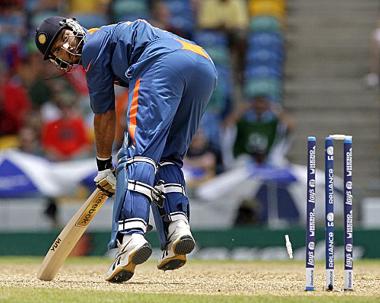 Yuvraj Singh's in a tangle as he loses his off bail to Dirk Nannes, Australia v India, Super Eights, ICC World Twenty20, Bridgetown, May 7, 2010