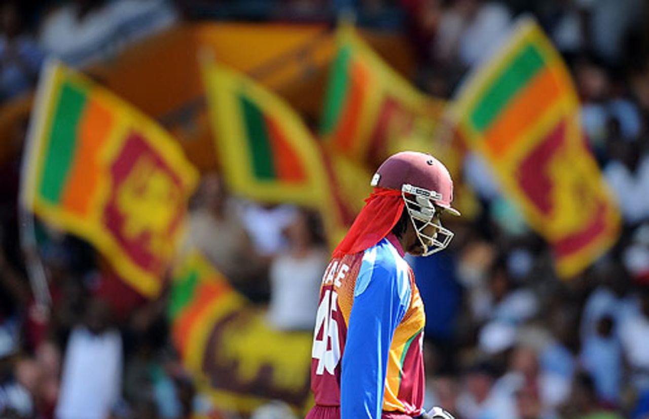 The backdrop tells the story as Chris Gayle walks back to the pavilion, West Indies v Sri Lanka, Super Eights, ICC World Twenty20, Bridgetown, May 7, 2010