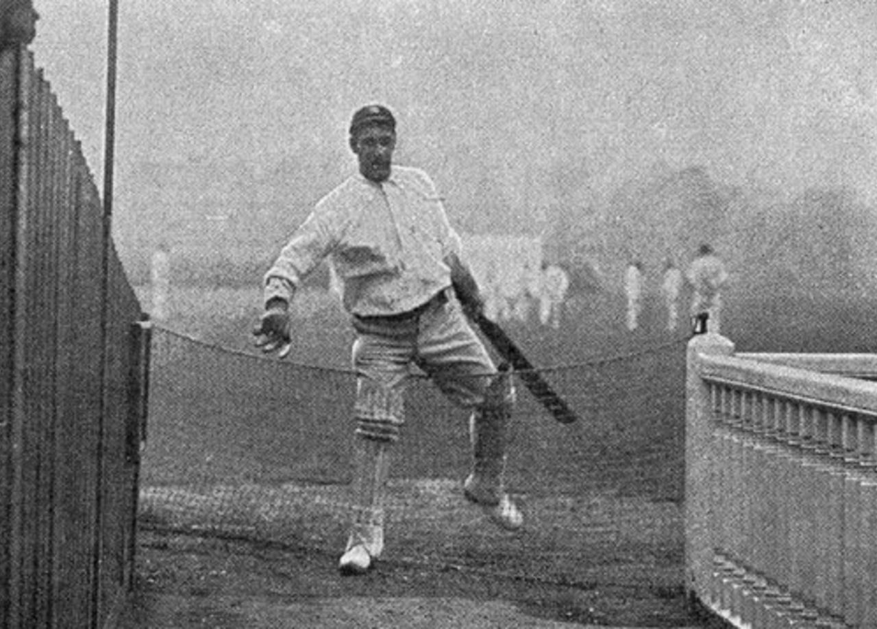 Albert Trott clambers over the experimental netting, MCC v Leicestershire, Lord's, May 7, 1900