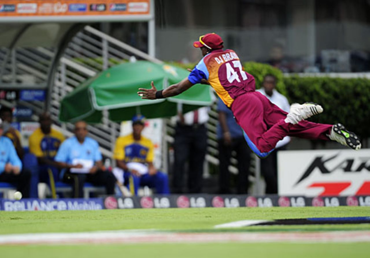 Dwayne Bravo flies through the air to try and stop the ball, West Indies v Sri Lanka, Super Eights, ICC World Twenty20, Bridgetown, May 7, 2010