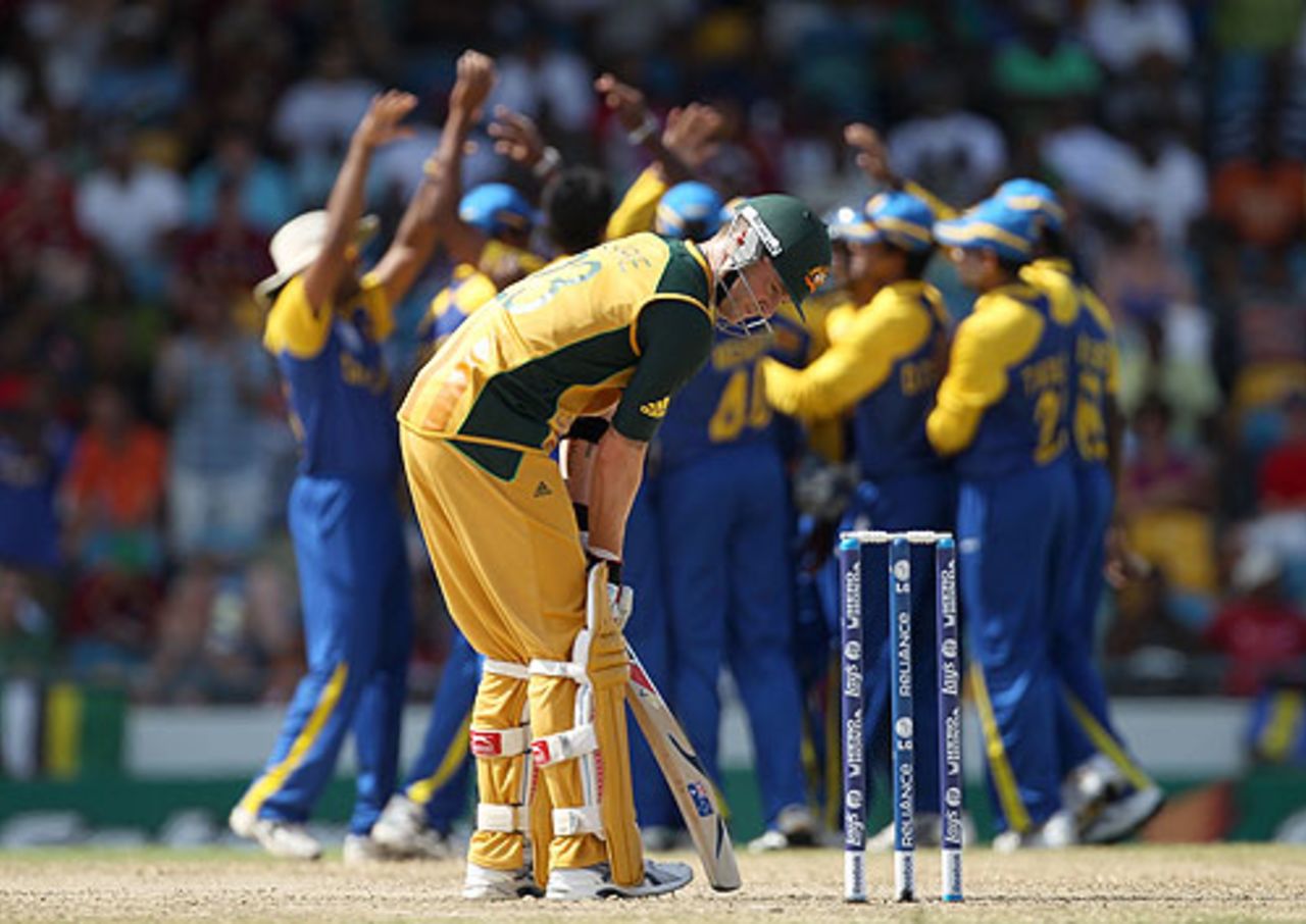 Michael Clarke contemplates the task ahead as Sri Lanka claim another early wicket, Australia v Sri Lanka, World T20, Group F, Bridgetown, May 9, 2010