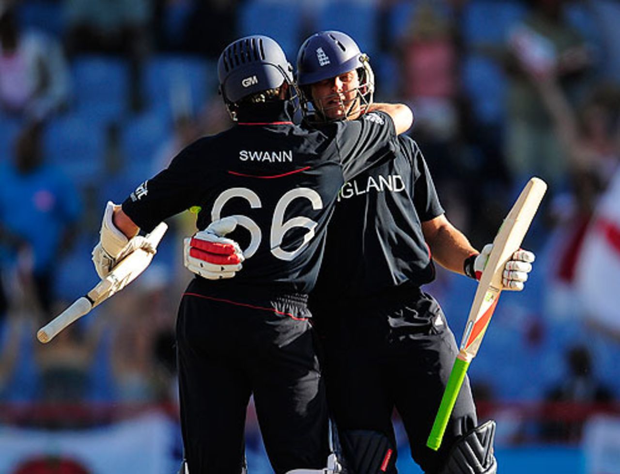 Tim Bresnan and Graeme Swann embrace as England complete a comfortable three-wicket victory, England v New Zealand, Super Eights, ICC World Twenty20, St Lucia, May 10, 2010