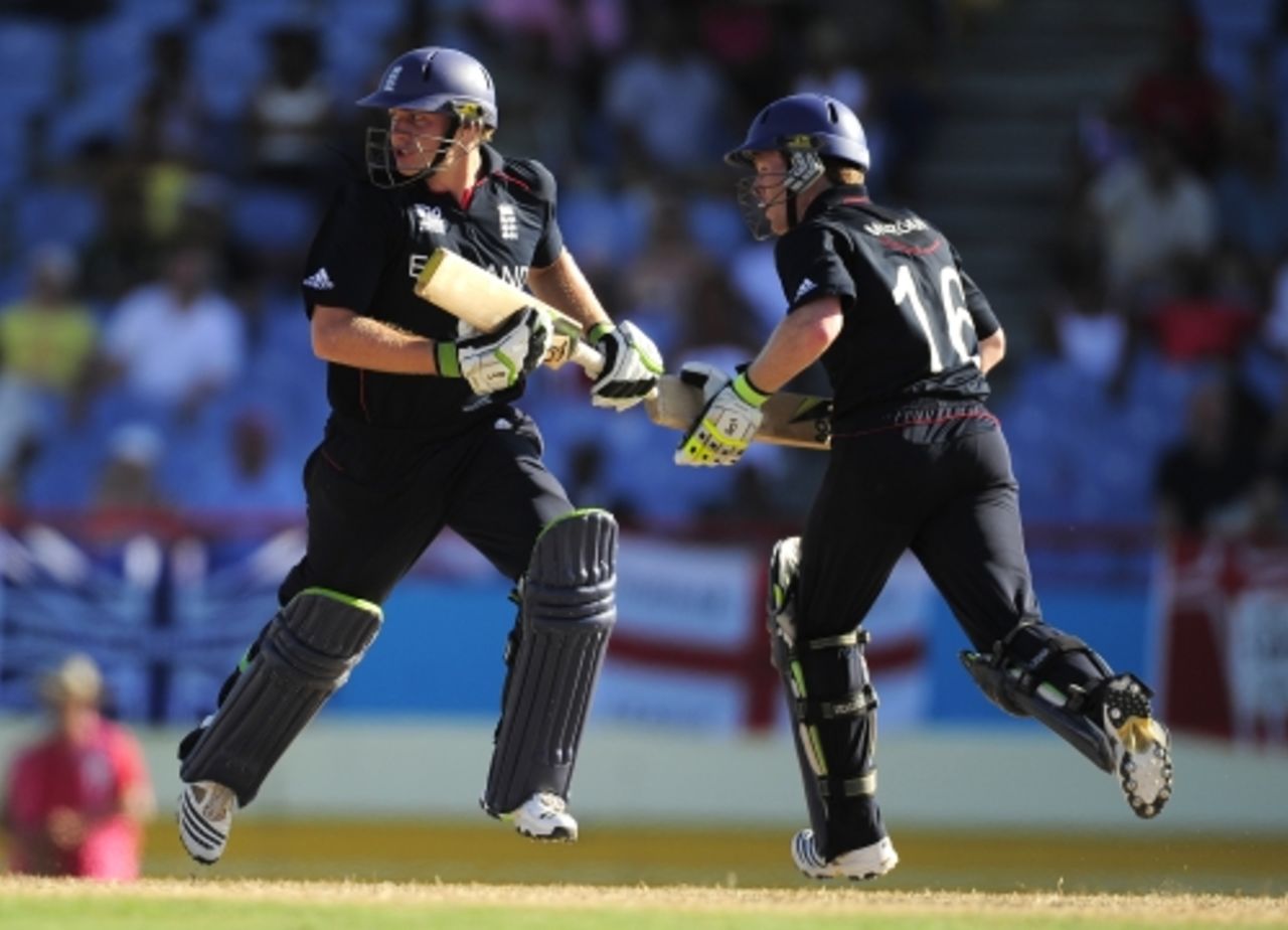 Eoin Morgan and Luke Wright put on 52 in just over six overs - the highest partnership of England's innings - to power the run chase, England v New Zealand, Super Eights, ICC World Twenty20, St Lucia, May 10, 2010