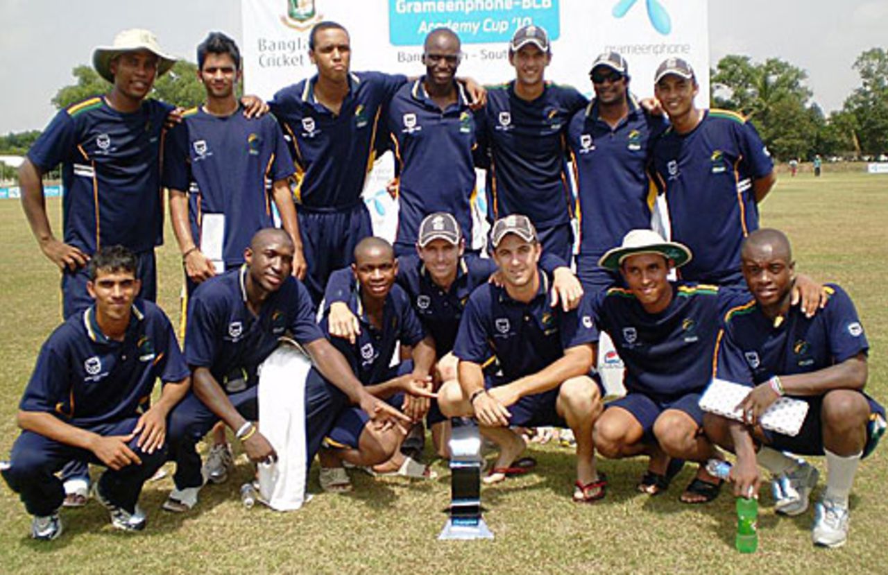 The victorious South Africa Academy team pose with the trophy, Bangladesh Cricket Board Academy v South Africa Academy, 2nd Twenty20, Savar, May 11, 2010 