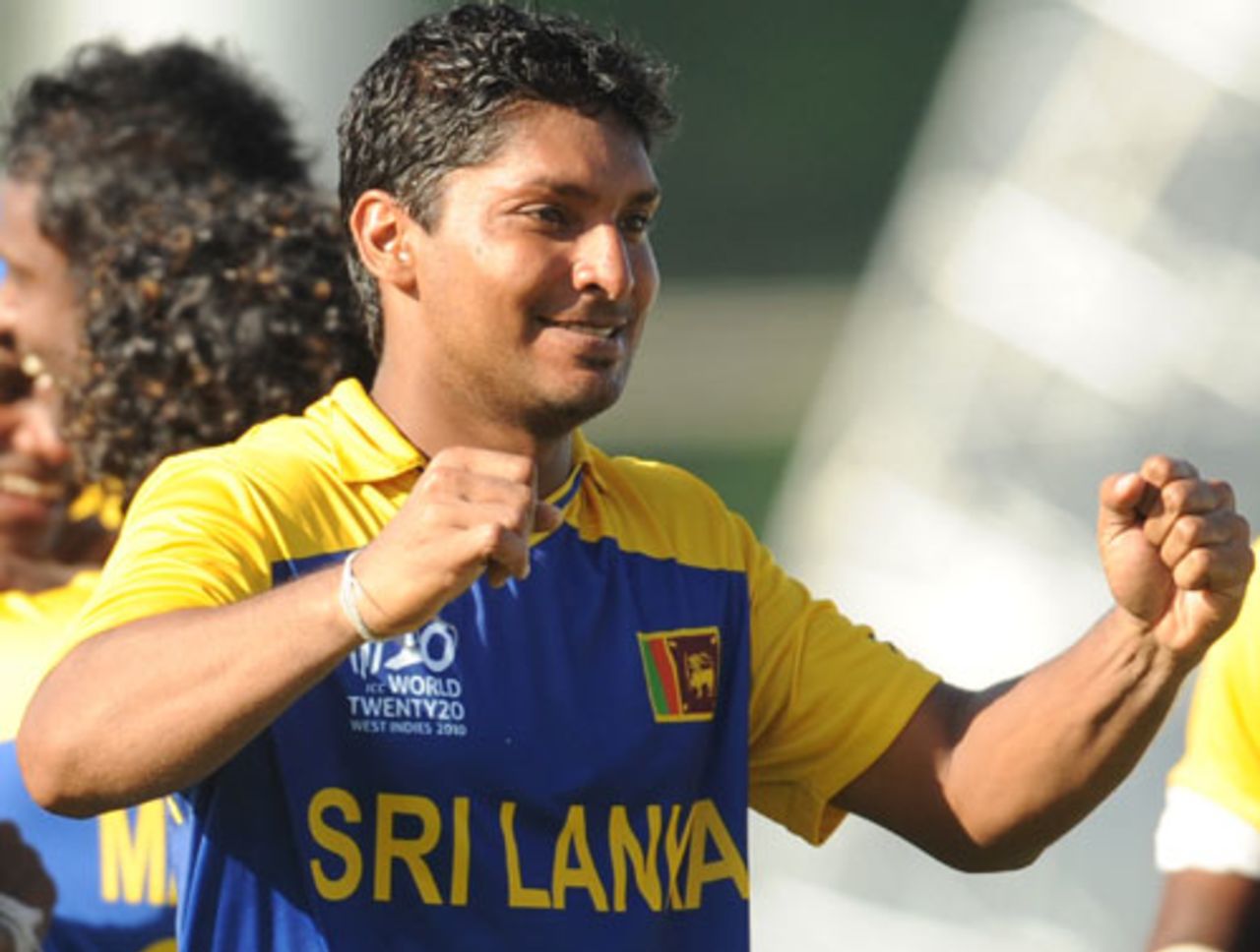 A delighted Kumar Sangakkara after the victory, Sri Lanka v India, Group F, World Twenty20, St Lucia, May 11, 2010