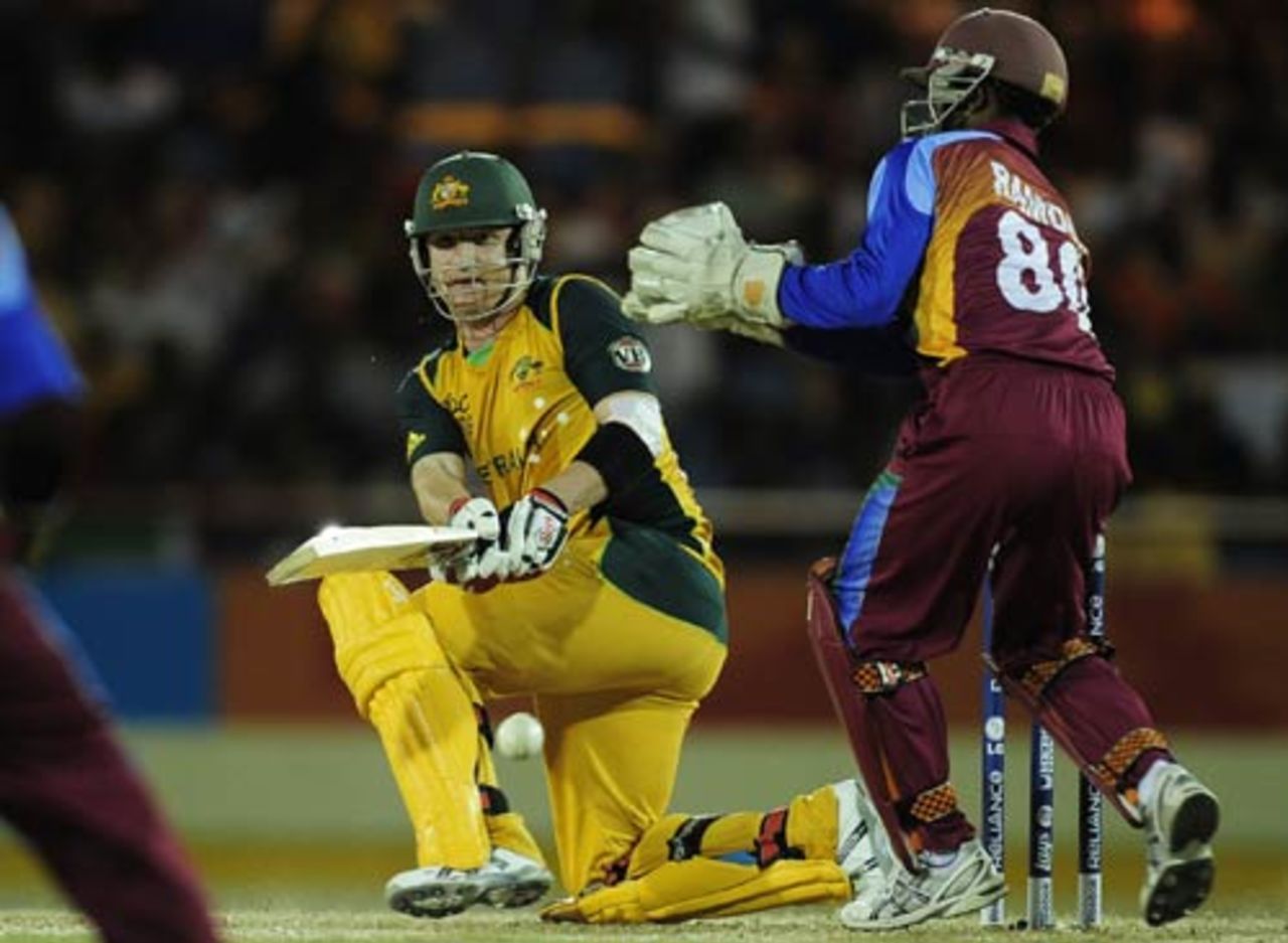Brad Haddin sweeps during his 42, West Indies v Australia, World Twenty20, Super Eights, Group F, St Lucia, May 11, 2010