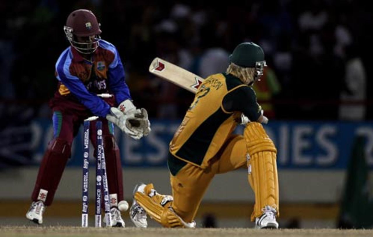 Shane Watson is bowled off his glove, West Indies v Australia, World Twenty20, Super Eights, Group F, St Lucia, May 11, 2010