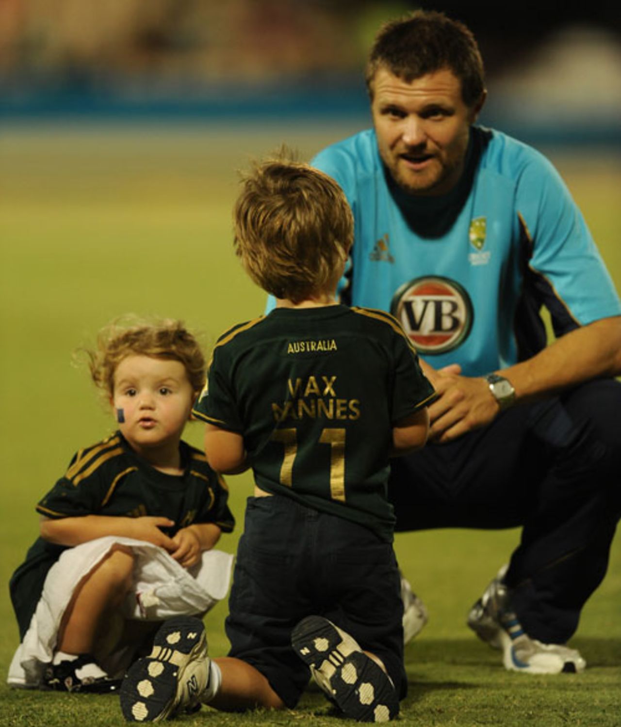 Dirk Nannes spends time with his children after the game, West Indies v Australia, World Twenty20, Super Eights, Group F, St Lucia, May 11, 2010