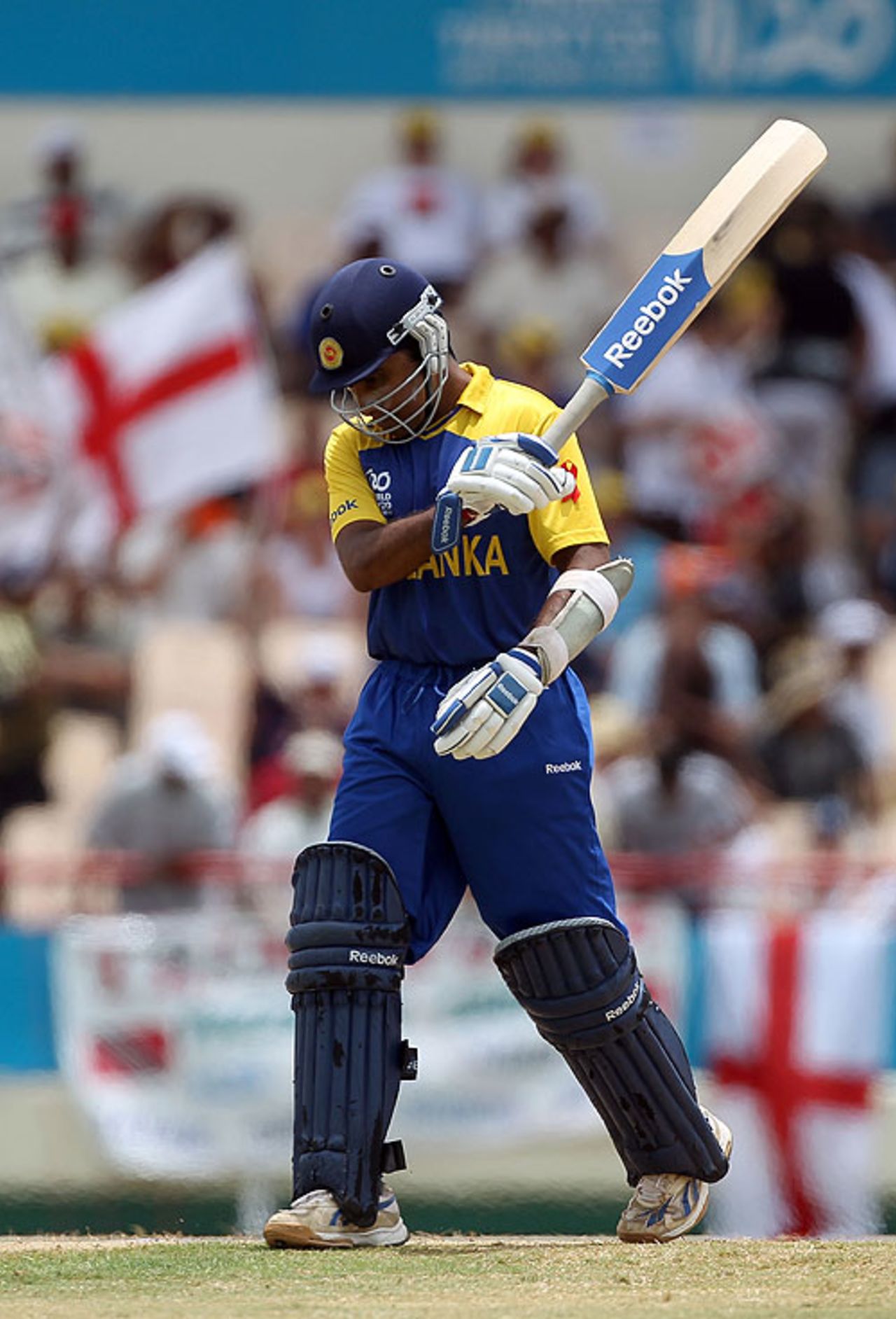 Mahela Jayawardene swishes his bat in anger after falling to Stuart Broad, England v Sri Lanka, World Twenty20, 1st Semi-Final, Gros Islet, May 13, 2010 