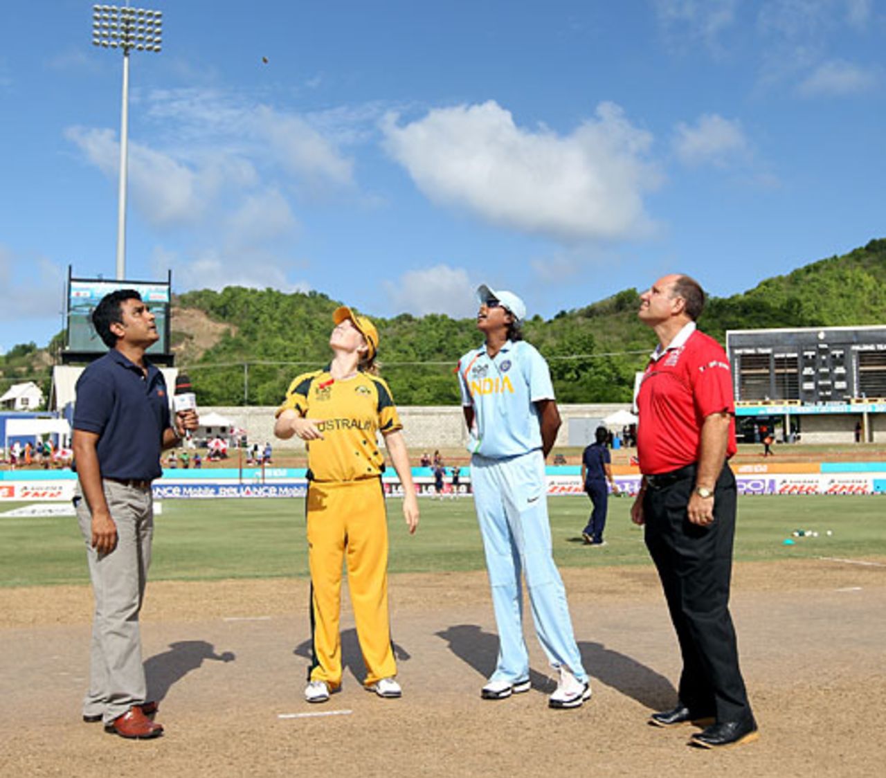 Jhulan Goswami won the toss for India and chose to bat first,  Australia Women v India Women, ICC Women's World Twenty20, 1st Semi-Final, St Lucia, May 13, 2010