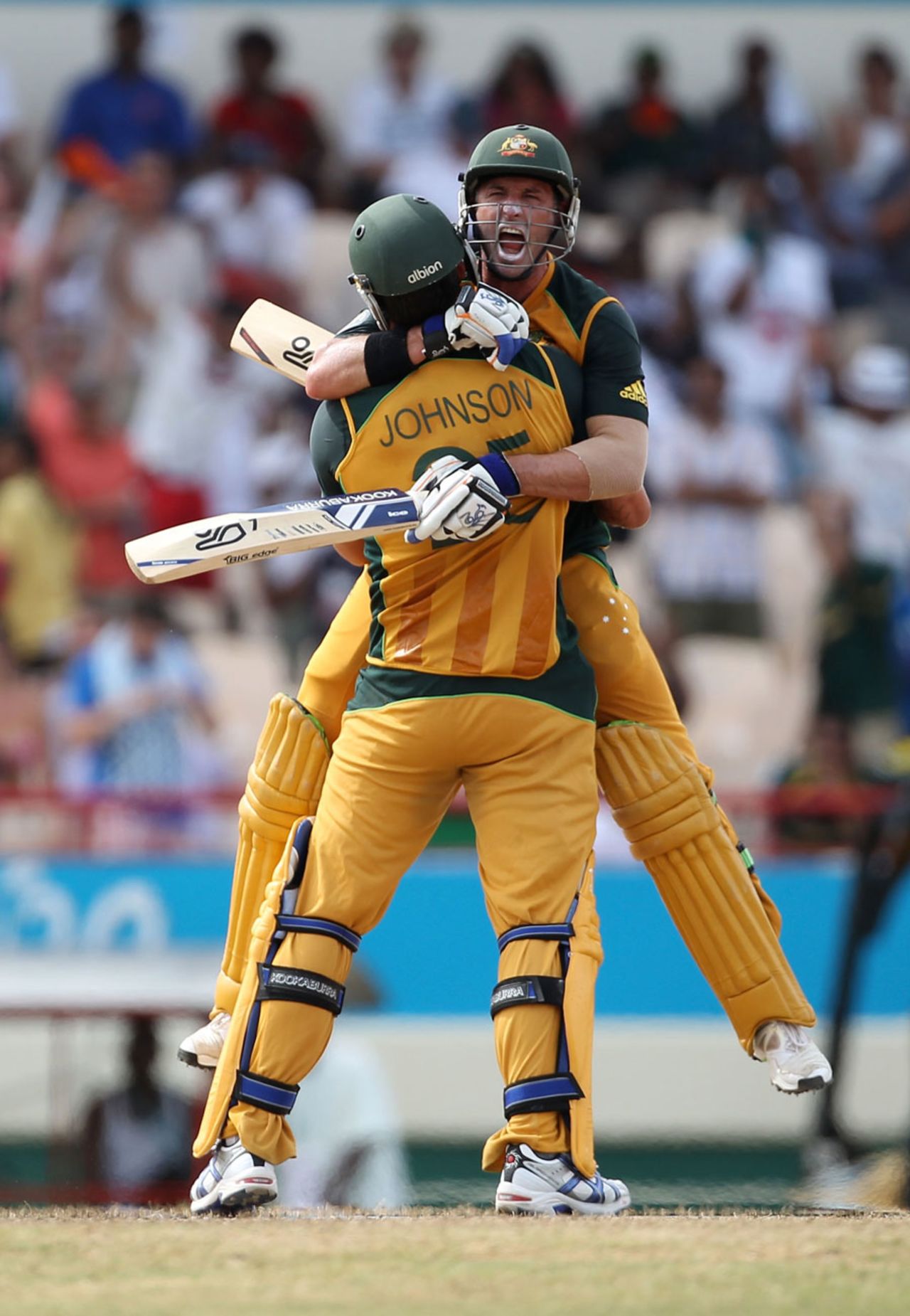 Michael Hussey is ecstatic after completing a miracle chase, Australia v Pakistan, 2nd semi-final, ICC World Twenty20, St Lucia, May 14, 2010