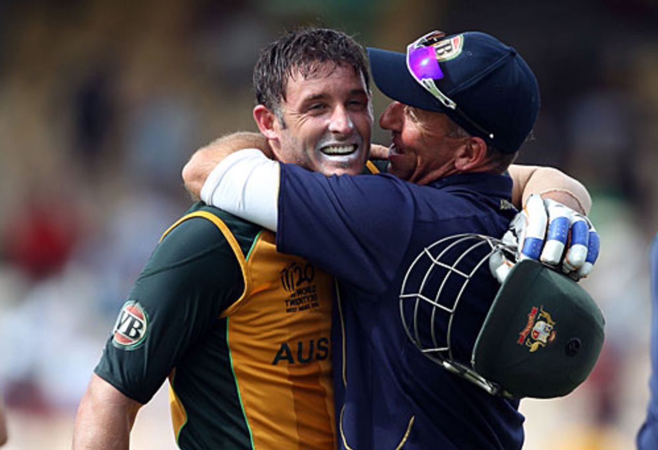 Australia's coach Tim Nielsen hugs Michael Hussey , Australia v Pakistan, 2nd semi-final, ICC World Twenty20, St Lucia, May 14, 2010